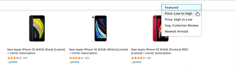 Sorting search results on Amazon based on various criteria