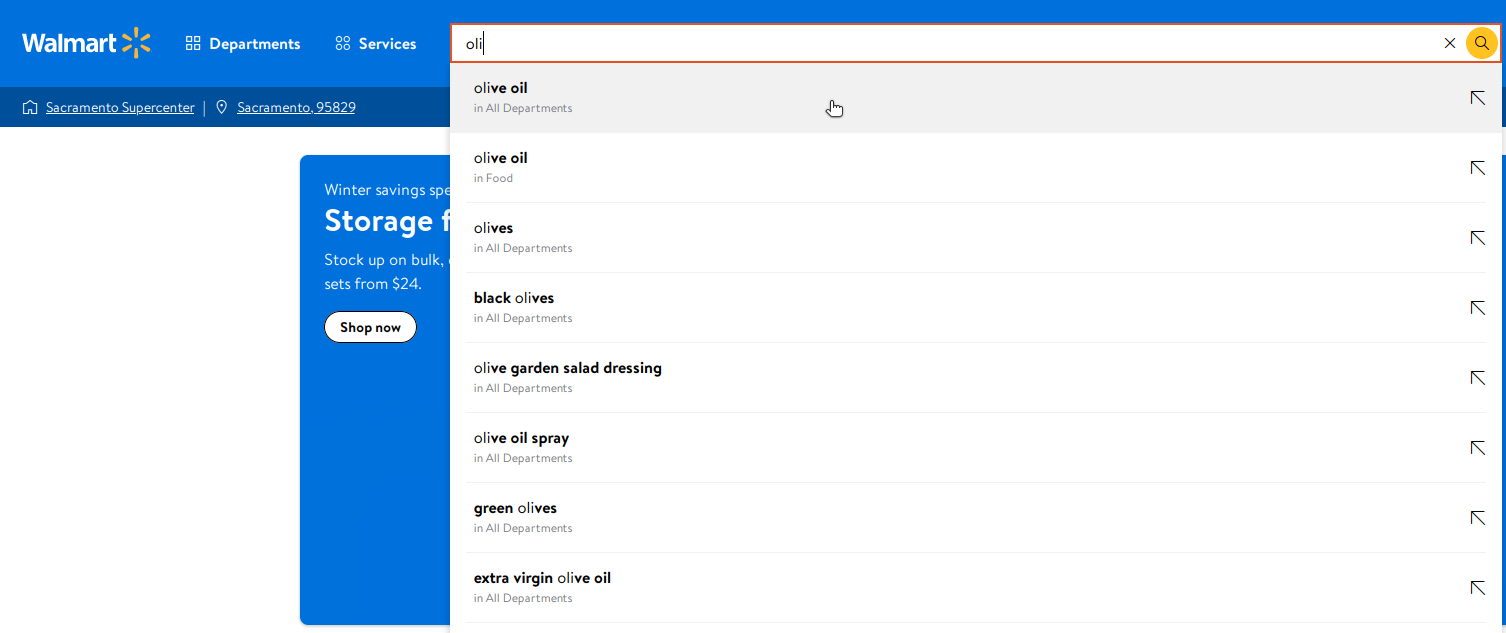 Screenshot of Walmart's website showing a search box with autocomplete suggestions